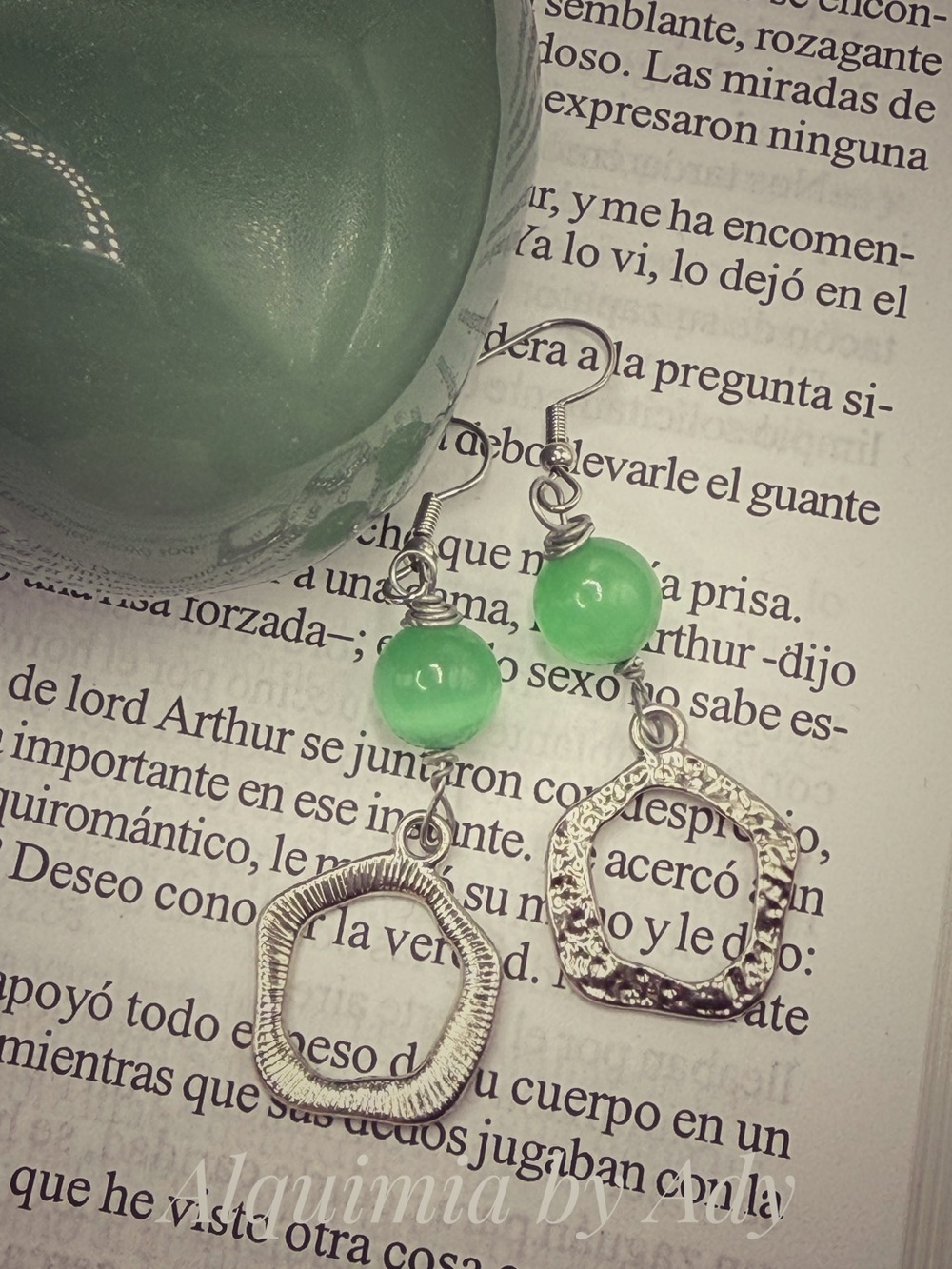 Aventurine Green Bead Dangle Earrings with Textured Silver Geometric Charms